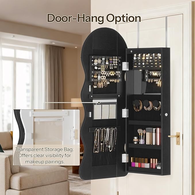 HOOBRO LED Mirror Jewelry Cabinet, Wall/Door Mounted Jewelry Organizer, Jewelry Aromire with Wavy Mirror Full Length, Lockable Cosmetics Storage Cabinet, Interior Mirror, 16.5" x 4.1" x 43.3", Black
