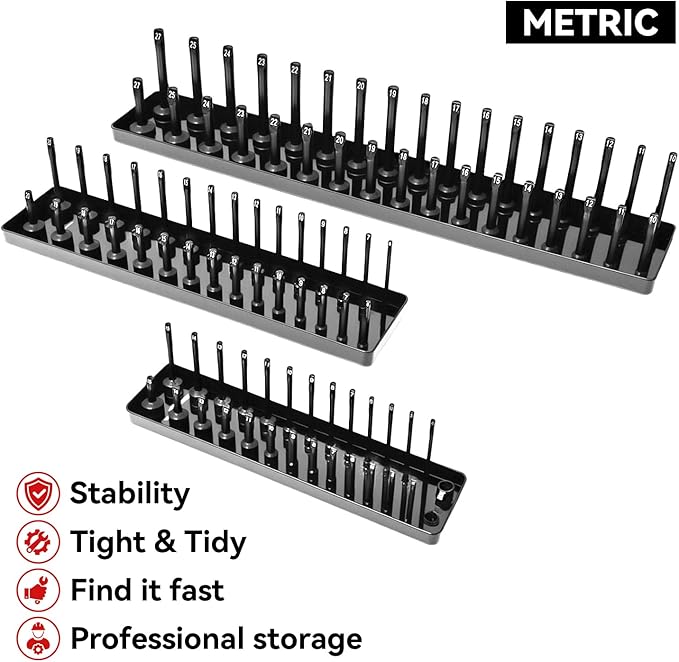 3PCS Socket Organizer Tray Set, Metric Socket Storage Trays, 1/4-Inch, 3/8-Inch & 1/2-Inch Drive Deep and Shallow Socket Holders for Toolboxes