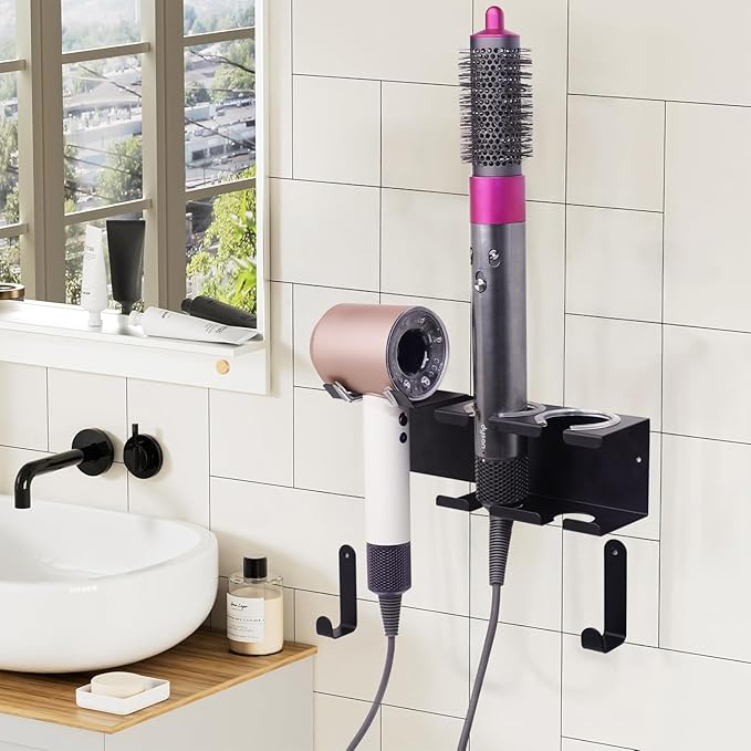 Hot Tools Organizer Wall Mount, Hair Tool Organizer, Hair Dryer Holder Wall Mounted for Blow Dryer, Curling Iron Black Curling Iron Holder 3 in 1 Modern Storage with 3M Adhesive for Bathroom, Vanity