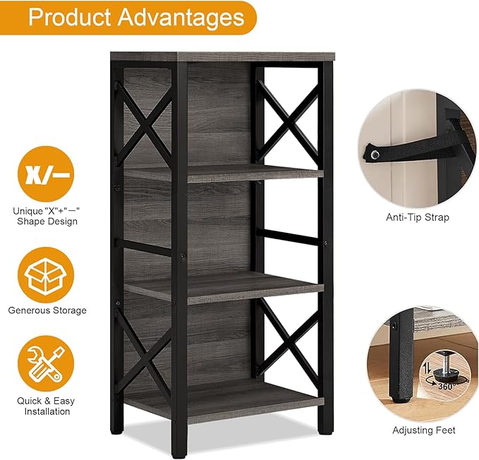 Small Bookshelf,4 Tier Industrial Bookcase with Metal Frame and Backboard,Narrow Rustic Gery Book Shelf,Book case for Small Spaces,Living Room,Bedroom and Home Office