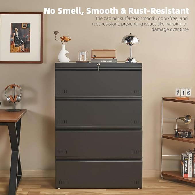 Metal File Cabinet with Lock, 4 Drawer Lateral File Cabinets for Home Office, Heavy Duty Office Storage Cabinet for A4/Letter/Legal Size, Assembly Required(Black)