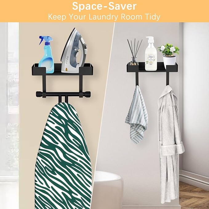 JUYSON Ironing Board Holder, Wall-Mounted Iron and Board Set Storage for Laundry Rooms (Black)
