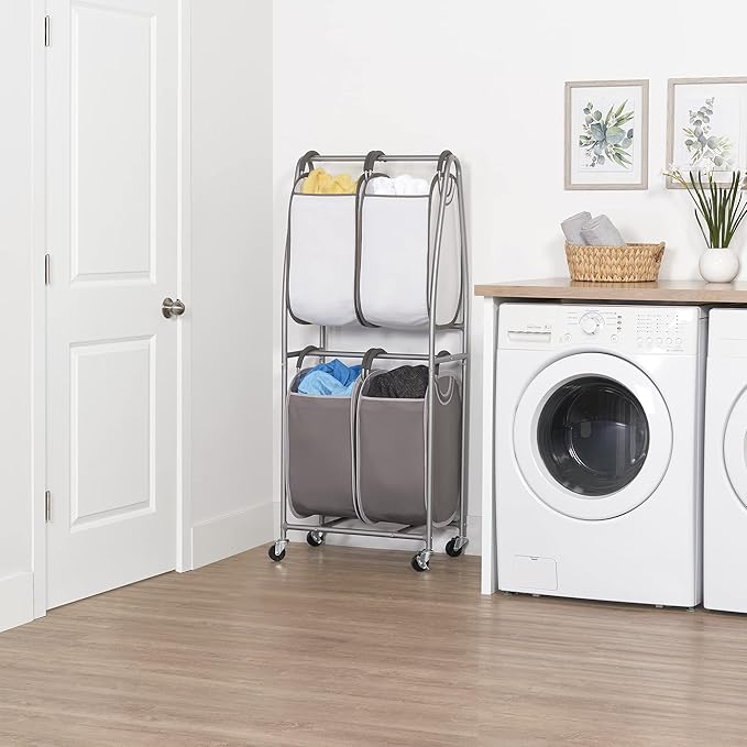 Neatfreak - 2 Tier Vertical Rolling Laundry Cart - Rolling Storage Cart On Wheels With 4 x Tote Hampers For Laundry, Towels, Blankets & Bathroom Organization - Quad Laundry Sorter
