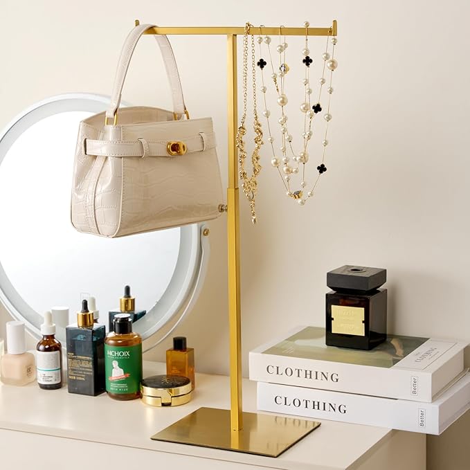 Purse Display Stand Set of 2 Jewelry Tower Stainless Steel Jewelry Handbags Stand Tabletop for Necklaces Purse Hanger Stands Adjustable Height Organizer Home Store Boutique, Gold