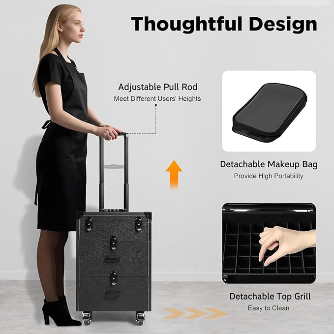 Professional Rolling Makeup Case, Large Cosmetic Trolley with Locks, Cosmetics Storage Organizer Make up Case with Universal Wheels for Make Up Nail Hairstylists