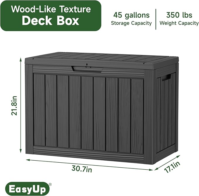 EasyUp 45 Gallon Outdoor Storage Box, Resin Waterproof UV-Resistant Deck Box, Reinforced Stability for Patio, Garden, and Poolside, Striped Black