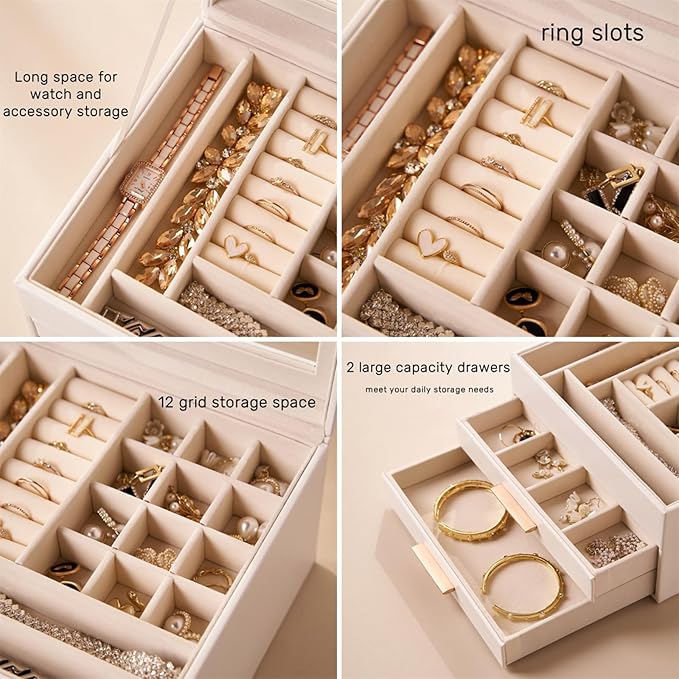 Jewelry Box Organizer with Glass Lid, 3-Layer Jewelry Storage, with 2 Drawers, Modern Style, 8 x 9.1 x 5.3 Inches (Brown)