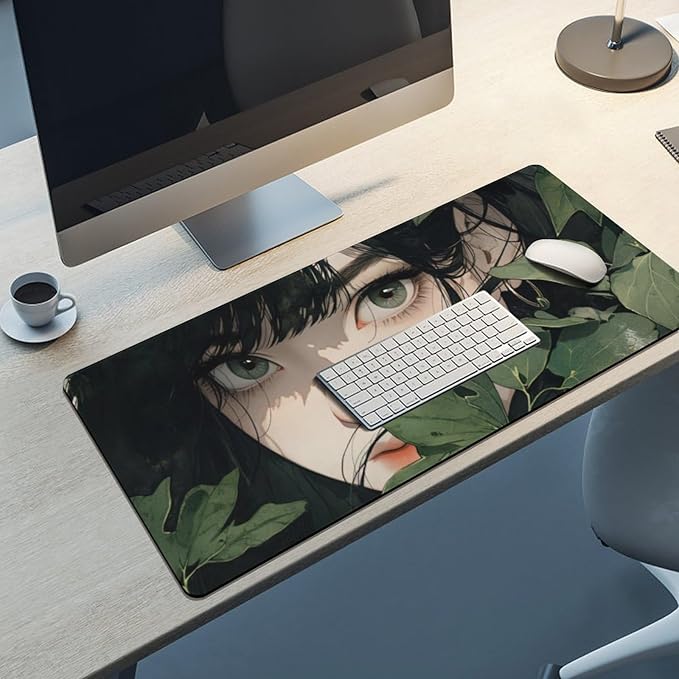 Girl in Foliage Large Mouse Pad, Anime Style Gaming Desk Mat, XXL Keyboard Desk Pad Mat for Desktop, 35.4"x15.7" Non-Slip Base Big Mousepad with Stitched Edges