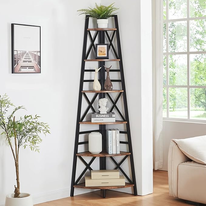 HOMBAZAAR 6 Tier Corner Shelf, 72 Inch Industrial Corner Bookshelf, Tall Ladder Bookcase with Metal Frame, Rustic Shelf Stand for Living Room, Bedroom, Office, Rustic Brown