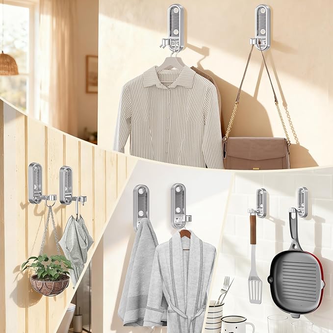 4-Pack Heavy Duty Zinc Alloy Folding Wall Hooks for Bathroom, Kitchen, Entryway, Closet - Space-Saving Design Holds Coats, Towels, Backpacks, Hats, Keys (Silver)