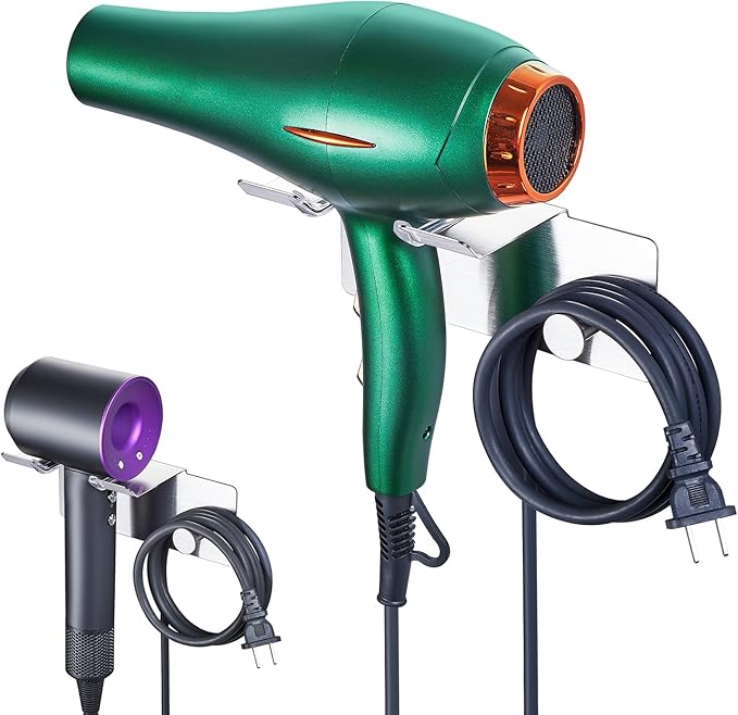 Hair Dryer Holder Wall Mount, Blow Dryer Holder for Wall, Adhesive Hairdryer Holder, Stainless Steel Blowdryer Holder, Bathroom Hair Tool Organizer, Hair Dryer Hanger Hook with Cord Storage (Silver)