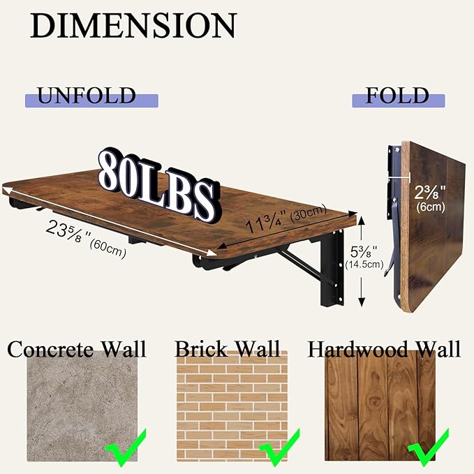 TEAMIX Wall Mounted Folding Table, Rustic Brown Floating Wall Desk for Small Spaces, Drop Leaf Dining Table for Kitchen Fold Down Laundry Shelf with Heavy-Duty Brackets