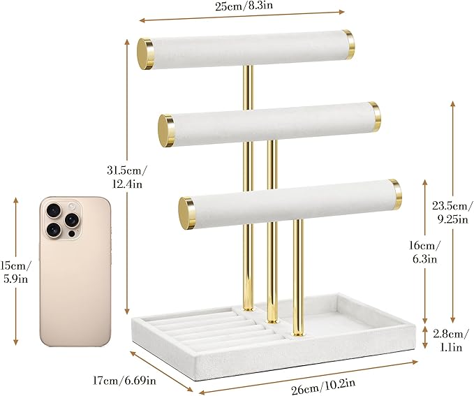 3 Tier Bracelet Holder Display - Detachable T Bar White Velvet Bracelet Holder, Jewelry Holder Organizer for Bracelet, Necklace, Watches, Rings