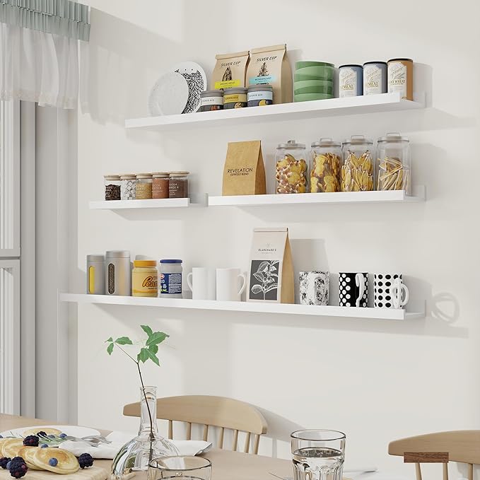 Fun Memories Picture Ledge Shelf, 16 Inch Long Floating Shelves Set of 6, Picture Shelf for Wall with Lip, Large Nursery Book Shelves for Storage, Wall Shelves for Living Room Bedroom Kitchen, White