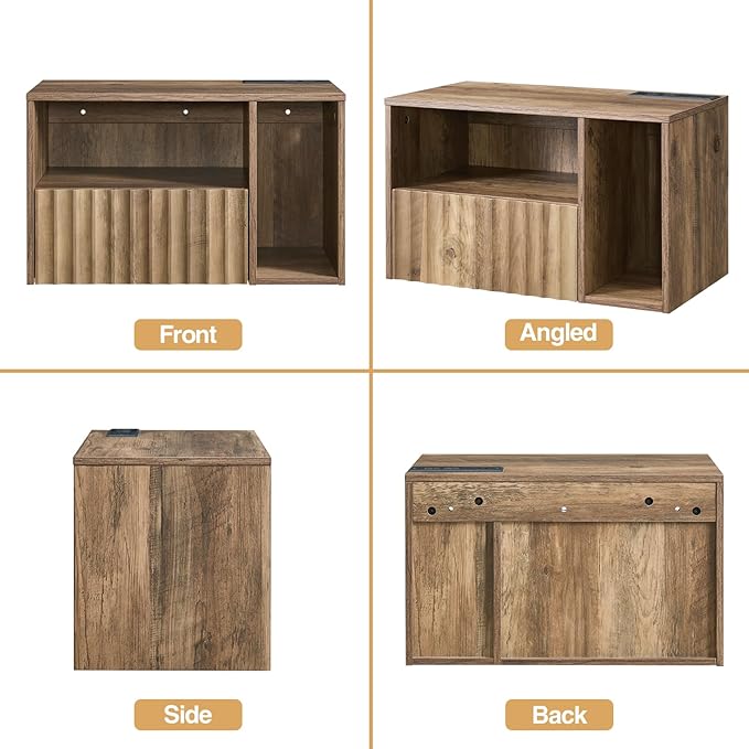 Modern Rustic Brown Fluted Floating Nightstand with Charging Station, NightStand with Drawers, Bedside with USB Ports and Outlets, Bedroom Furniture (Right)