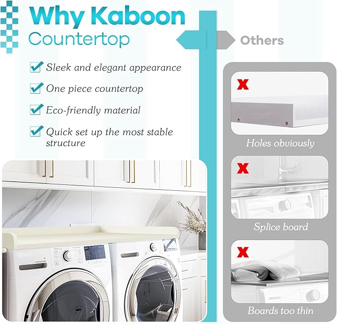 Kaboon Washer Dryer Countertop 58" x 28" Extra Large Version, Melamine Countertop with 3.5" Edge Rails, Laundry Room Organization, White
