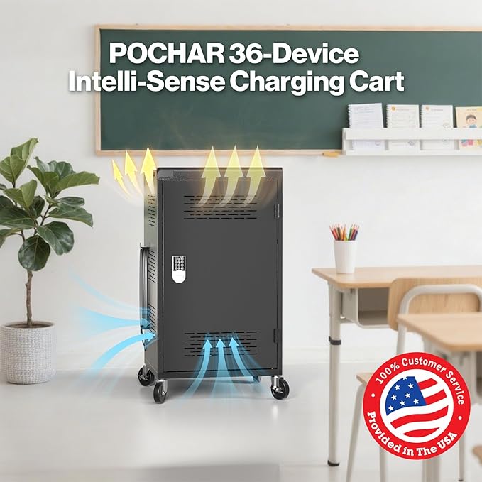 36 Bay Intelli-Sense Charging Cart for Chromebook, Tablets and Laptop, Classroom Locking Charging Station with Keypad Lock and Charger Storage for School, Classroom, Library, Office and More
