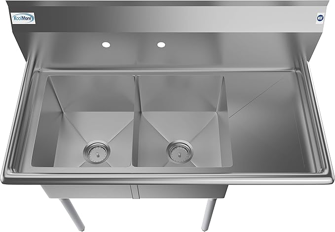 KoolMore 2 Compartment Stainless Steel NSF Commercial Kitchen Prep & Utility Sink with Drainboard - Bowl Size 14" x 16" x 11", Silver