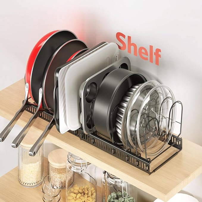 ORDORA Pots and Pans Organizer under Cabinet with Pan Holder: Expandable 11.8"-22.8" Kitchen Cabinet Organizer Rack, 12 Adjustable Dividers Storage for Cookie Sheets, Cutting Boards & Lid Cookware