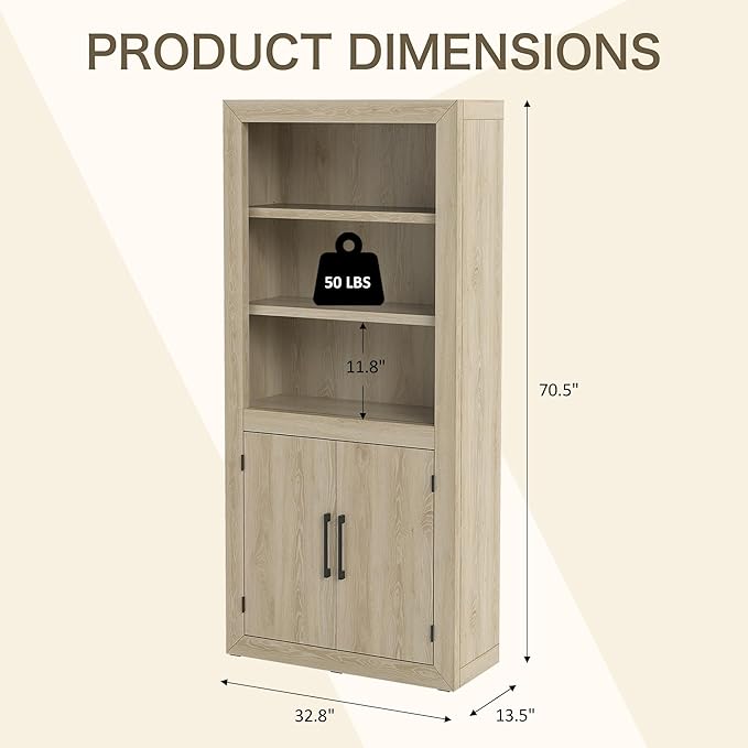 Standard Bookcase with Doors, Bookshelves Floor Standing 5 Tier Adjustable Shelves Organizer and Storage, Solid Bookshelf for Home Office, Living Room, Bed Room