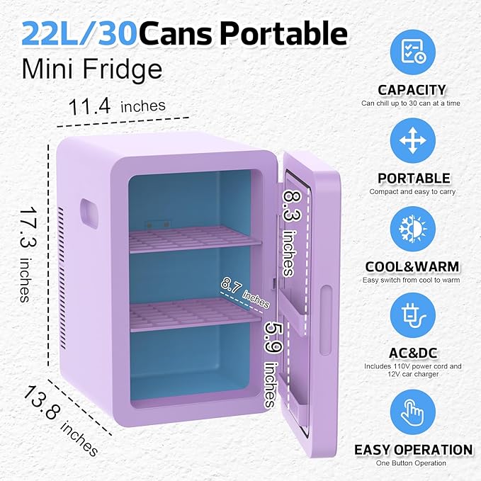 advwin 22L Mini Fridge for Bedroom, 30 Cans Portable Cooler & Warmer Compact Refrigerators with AC/DC Power for Skin Care, Beverage, Cosmetics, Food, Drinks, Office Desk Dorm Room