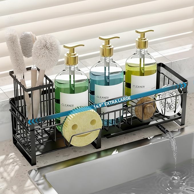 Extra Large Extendable Sponge Holder for Kitchen Sink, Rustproof Sink Caddy Organizer with High Brush Holder, Dish Soap Dispenser Organizers and Storage, Home Essentials Kitchen Countertop Accessories