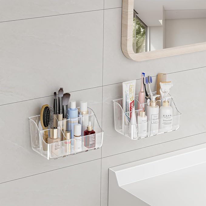 Clear Toothbrush Holders for Bathroom Organizers and Storage, Wall-Mounted Tooth Brush Holder and Toothpaste Holder for Bathroom Wall, Countertop - Bathroom Accessories, 2 Packs