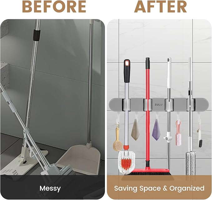 2Pcs Broom Holder Wall Mount, No-Drilling Self-Adhesive Mop and Broom Storage Rack (4 Racks with 5 Hooks),Wall-Mounted Broom Hanger for Bathroom, Kitchen, Closet, Garage, Grey
