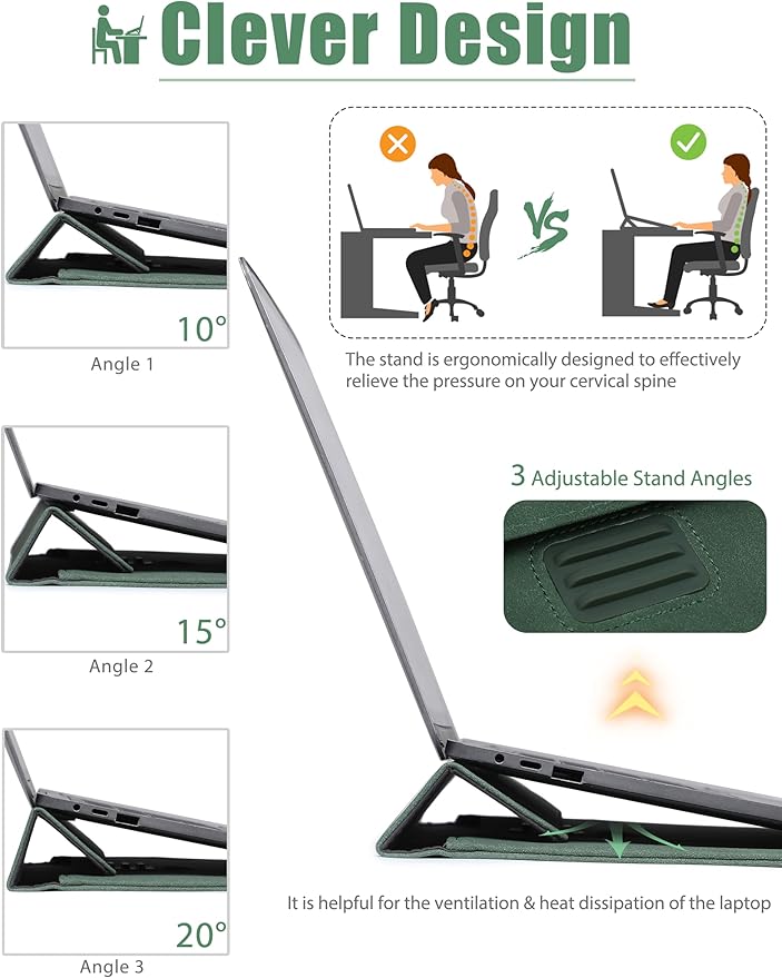 HYZUO 15 Inch Laptop Sleeve with Adjustable Stand Feature for MacBook Air 15 M4 A3241 M3 A3114 M2 A2941 2025-2023, MacBook Pro 15, 15" Surface Laptop 7/6/5/4, with Carrying Pouch, Midnight Green