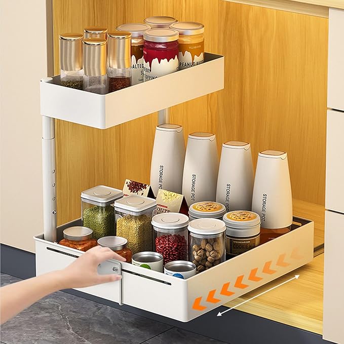Under Sink Organiser,2 Tier Pull Out Cabinet Organiser,Height Adjustable Out Cabinet Drawer,Multi-Purpose Slide Out Storage Shelves for Home,Kitchen,Bathroom (White) (White)