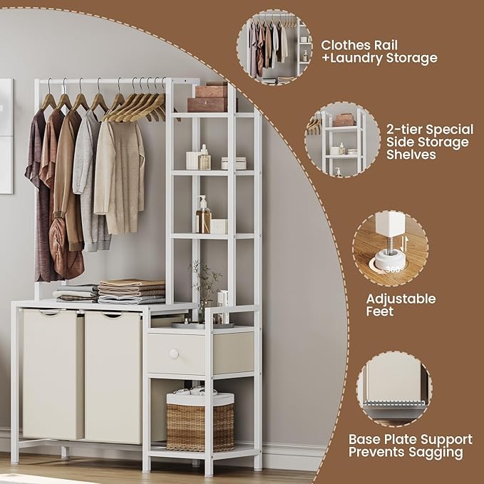 Laundry Hamper with Shelf, 5 Tiers Tall Laundry Basket Sorter with 2 Pull-Out and Removable Bags, Clothes Rack with Laundry Sorter for Laundry Room Bathroom Bedroom, White