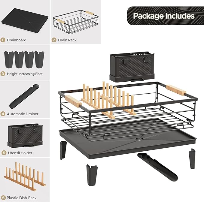 JYPS Dish Drying Rack for Kitchen Counter Decor with Drainboard Auto-Drain，Rustproof Dish Rack Drainers with Utensil Holder, Wooden Handles，360° Rotatable Drainer, Higher Legs (Black)