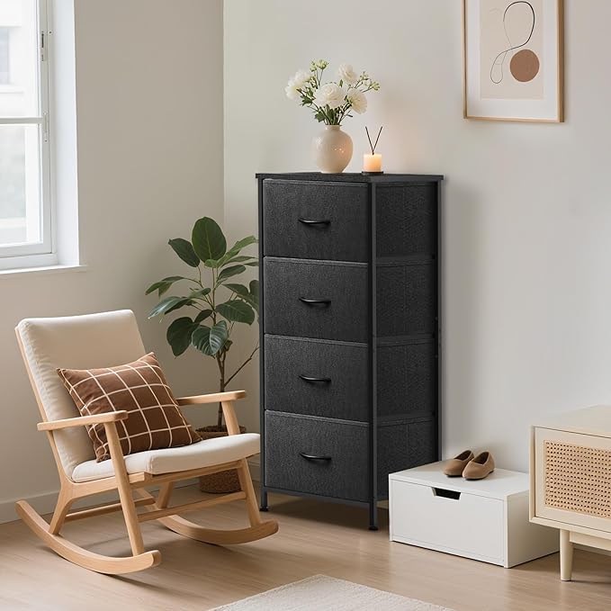 4 Fabric Drawer Dresser for Bedroom, Chest of Drawers with Waterproof Wood Top Tall Dresser for Hallway, Living Room, Kid Room (Charcoal Black)