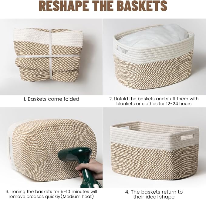 5 Pack Woven Storage Baskets for Shelves, Decorative Basket Organizer Storage Bins for Toys, Books, Clothes, Closet, Nursery, Bathroom – Cotton Rope Shelf Baskets for Organizing, Khaki & White