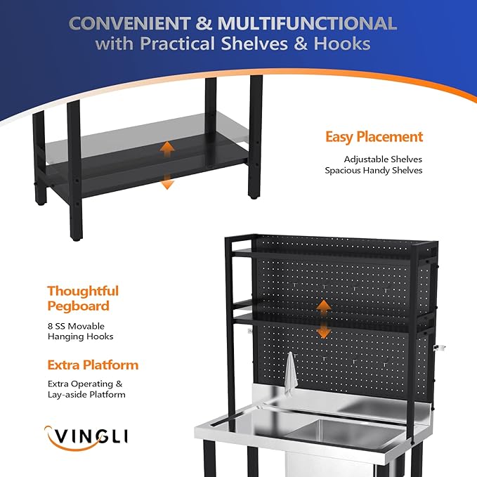 VINGLI 67'' Commercial Sink with Drainboard and Adjustable Shelves Pegboard for Hanging Tools, 304 Stainless Steel Table Freestanding Utility Counter Restaurant, Garage Silver & Black 1