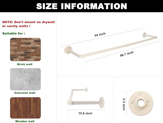 54" White Wall Mounted Clothes Rack, Industrial Pipe Iron Garment Bar, Heavy-Duty Detachable Clothing Rod, Multi-Purpose Metal Wall Display Hanging Pole for Closet Storage, Laundry Room 2 Base