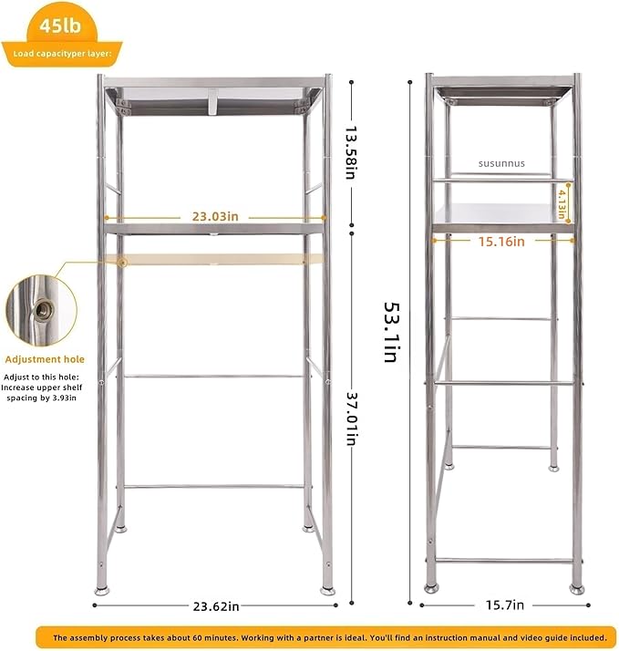 susunnus Stainless Steel Shelf,Kitchen Storage Shelves,Microwave Shelf,Mini Fridge Shelves,Adjustable Layers,Open Lower Tier,Laundry Room, Repository (2tier(23.6x15.7x53.1in))