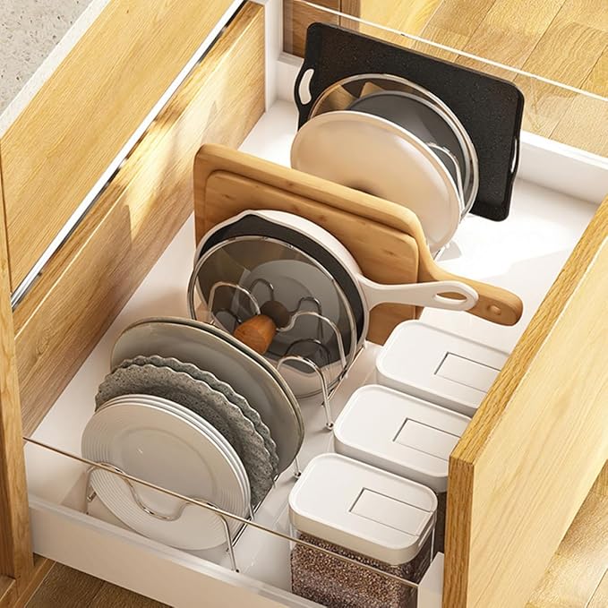 Uonlytech Multipurpose Silver Kitchen Pot Lid Holder Rack with Compartments for Organizing Pan Covers Plates and Cutting Boards Convenient Hygienic Storage Stand for Countertop and Cabinet