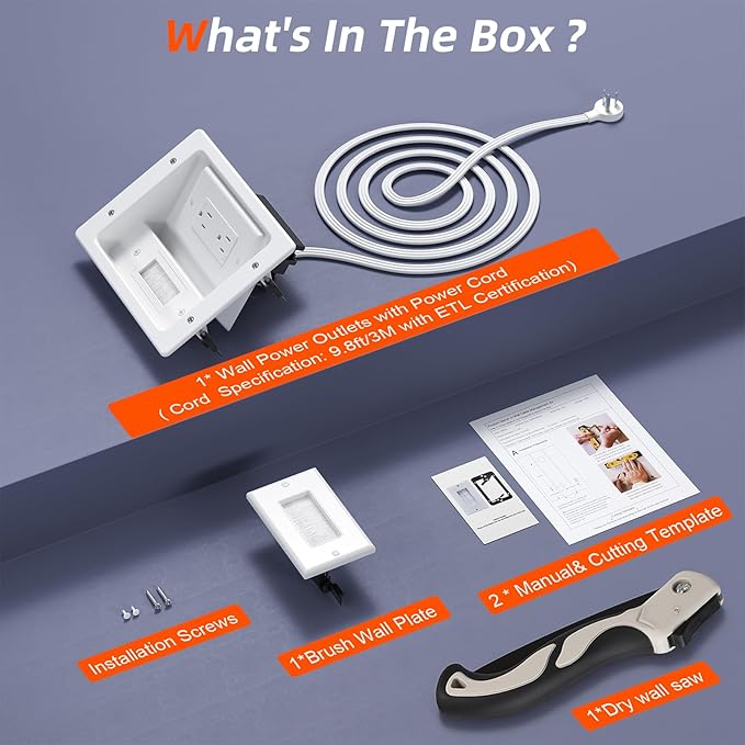in Wall Cable Management Kit,TV Cable Hider Wall Kit with Brush Wall Plate and 9.8FT Cord,2 AC Outlets,Recessed Outlet Box for Wall Mount TV Home Theater Setups Cords Organizer