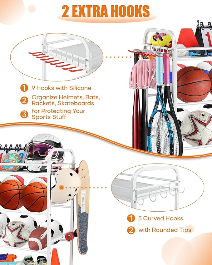 Garage Sports Equipment Organizer - Rolling Ball Storage Bin with Wheels, Garage Sports Gear Rack Outdoor Basketball Racks for Balls with Baseball Bat Holder and Hooks, Toy Organizer(White)