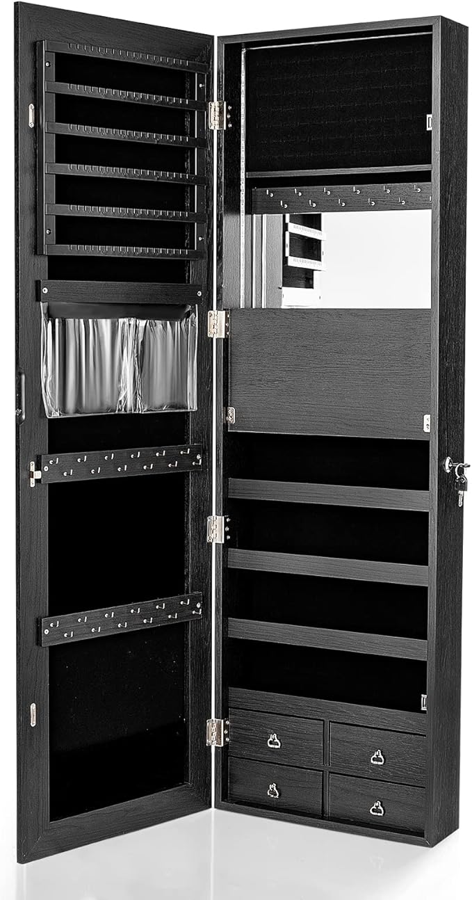 CHARMAID LED Strip Jewelry Armoire with 47.2" H Full Length Mirror, Wall/Door Mounted Jewelry Organizer with Built-in Mirror, Flip-over Cosmetic Tray, 4 Drawers, Large Storage Jewelry Cabinet (Black)