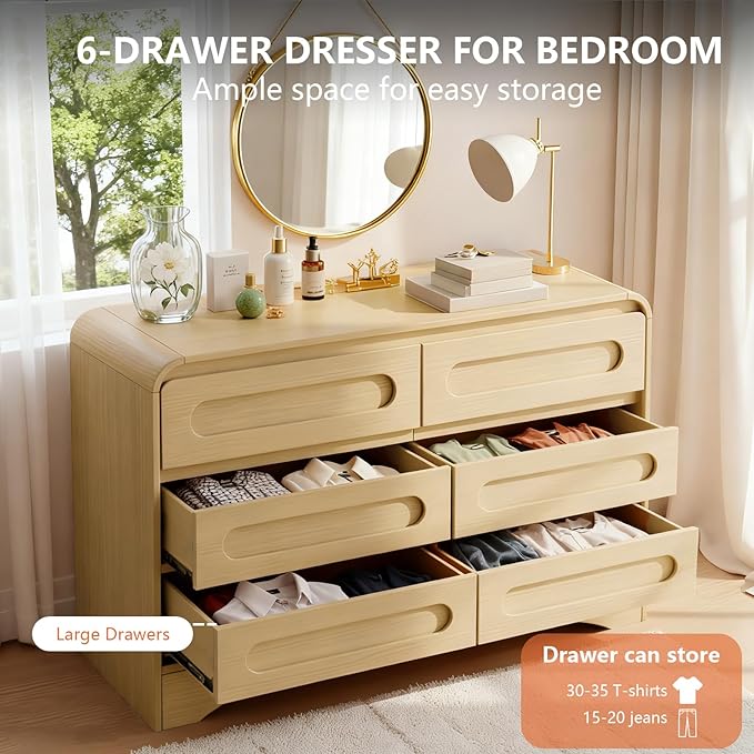 Wood Dresser, Modern 6 Drawers Dressers & Chest of Drawers with Pre-installed Slide&Curved Profile Design, 47" Wide Closet Clothes Storage Dressers Organizer for Bedroom Living Room Hallway, Oak