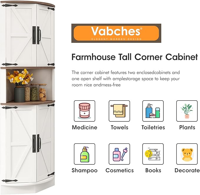 Vabches 64.8" Tall Farmhouse Corner Cabinet with 4 Doors and 5 Storage Shelves, Farmhouse Storage Cabinet with Barn Door Design, Home Space Saver for Living Room, Kitchen, Laundry Room,White