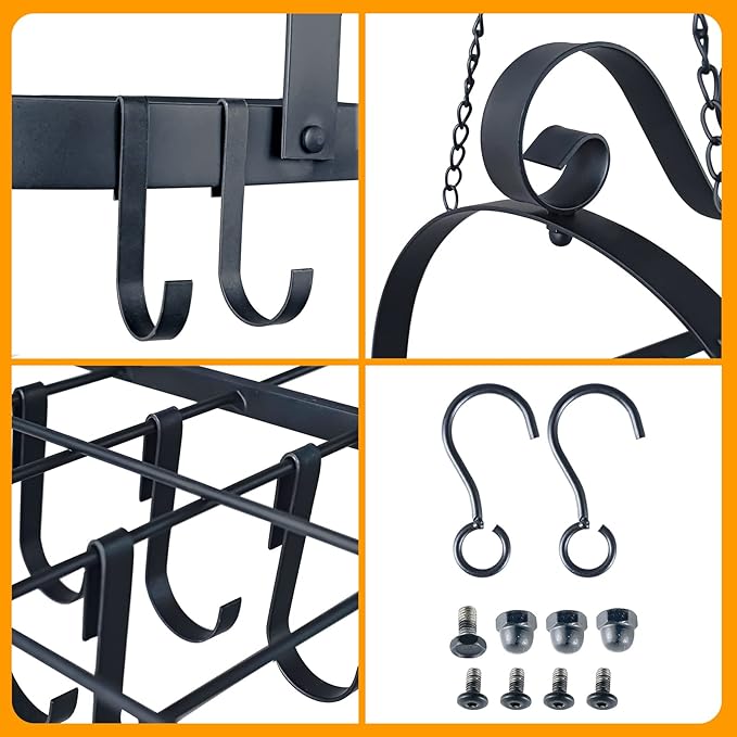 33" Pots and Pans Hanging Rack, Heavy-duty Metal Pan Rack Hanger Organizer with Hooks, Hanging Pot Rack Ceiling Mount for Kitchen Cookware Utensils Toiletries
