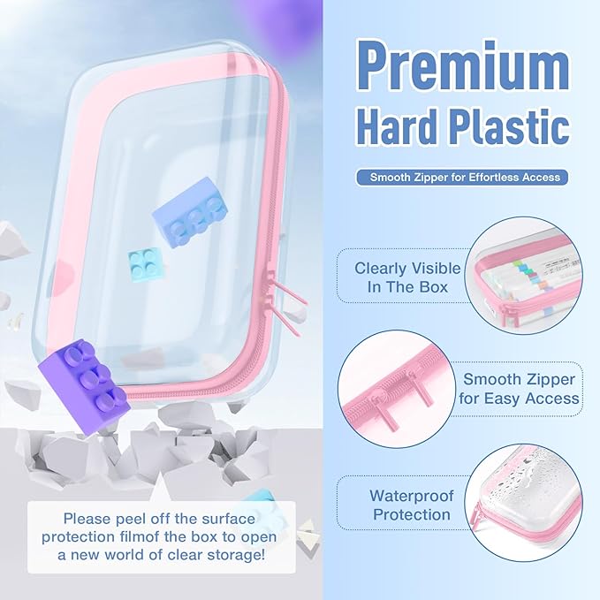 2Pcs Clear Zipper Hard Pouches Hard Shell Zipper Case, BIiss Plastic Bins for Organizing, Makeup Case & Lidded Storage Bins Organizer for Storage Cosmetics, Puzzles, 8.7 x 6.3 x 2.4 Inch