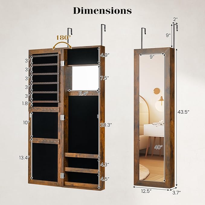 Giantex Wall Mounted Jewelry Cabinet with Full Length Mirror, Over The Door Jewelry Armoire Organizer with Large Storage, Makeup Mirror & Velvet Lining (Rustic Brown)