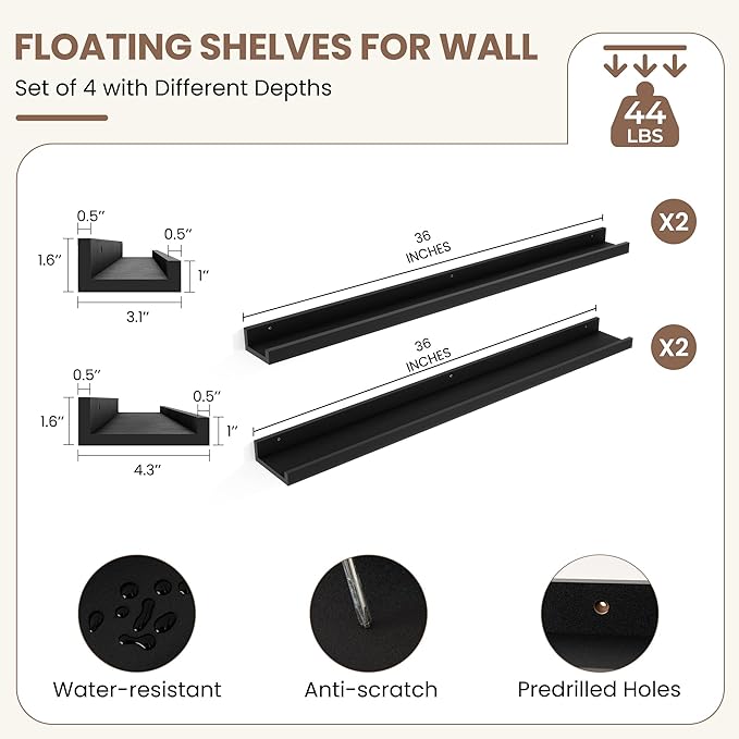 Fun Memories Picture Ledge Shelf, Black Floating Shelves Set of 4, 36 Inch Picture Shelves for Wall with Ledge, Large Nursery Book Shelf for Toys Storage, Living Room, Bedroom Decor Frames