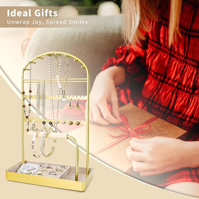 Multi-Functional Jewelry Holder Organizer Necklace Display Stand Velvet Lined Bar for Rings 2 Tier with 18 Hooks, 32 Earring Holes - Sturdy and Durable, Easy Organization Gold