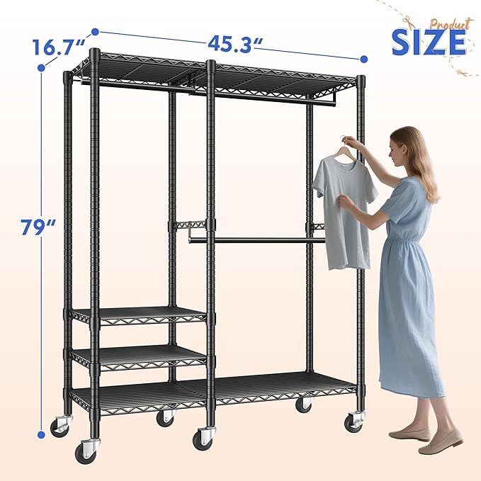 Raybee 79" H Clothes Rack, Clothing Racks for Hanging Clothes, Portable Closet with Wheels and 4 Tiers Adjustable Shelves, Black