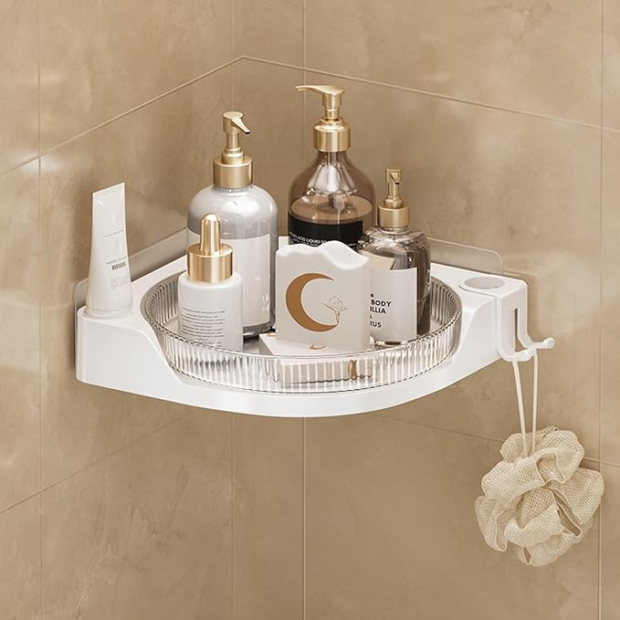 360 Rotating Makeup Organizer Spinning Bathroom Organizer 1 Pack Corner Storage Organizer with Hooks for Perfume Lotion Skincare Organizer Countertop Kitchen Storage(Clear)